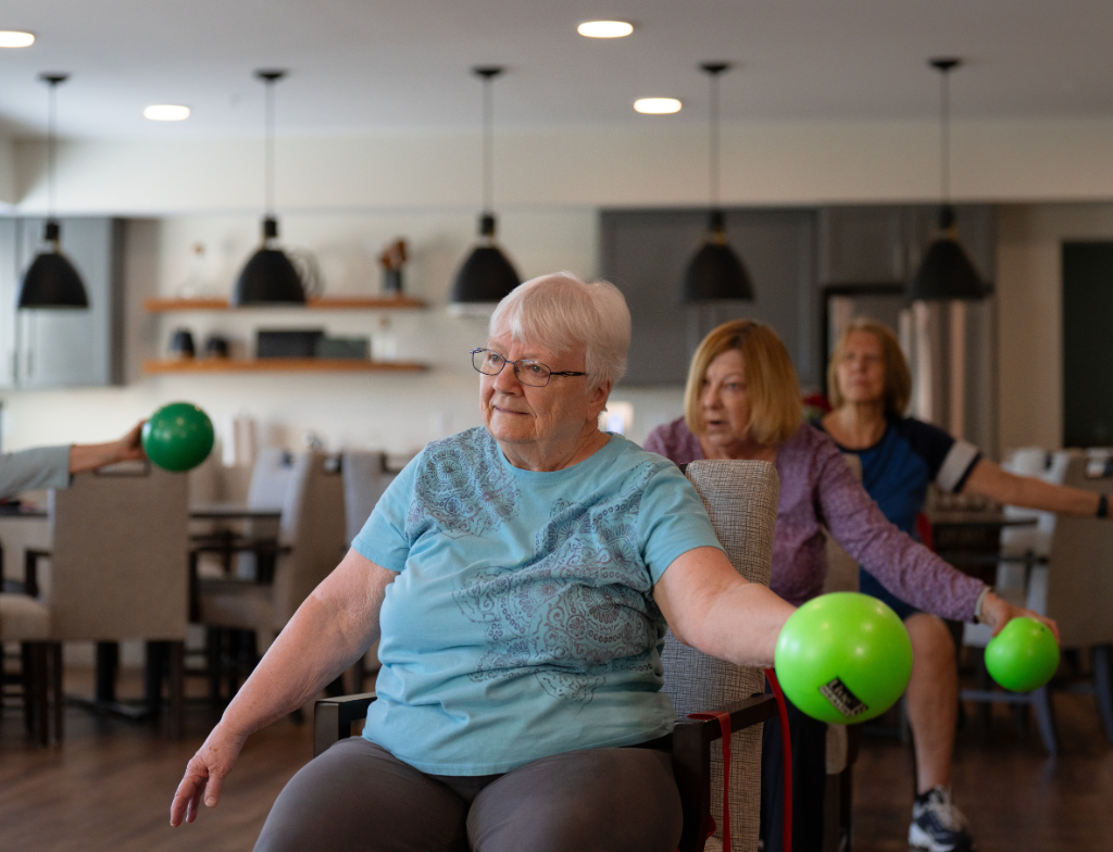 Group Senior Fitness Class in Sitting Position using Equipment.